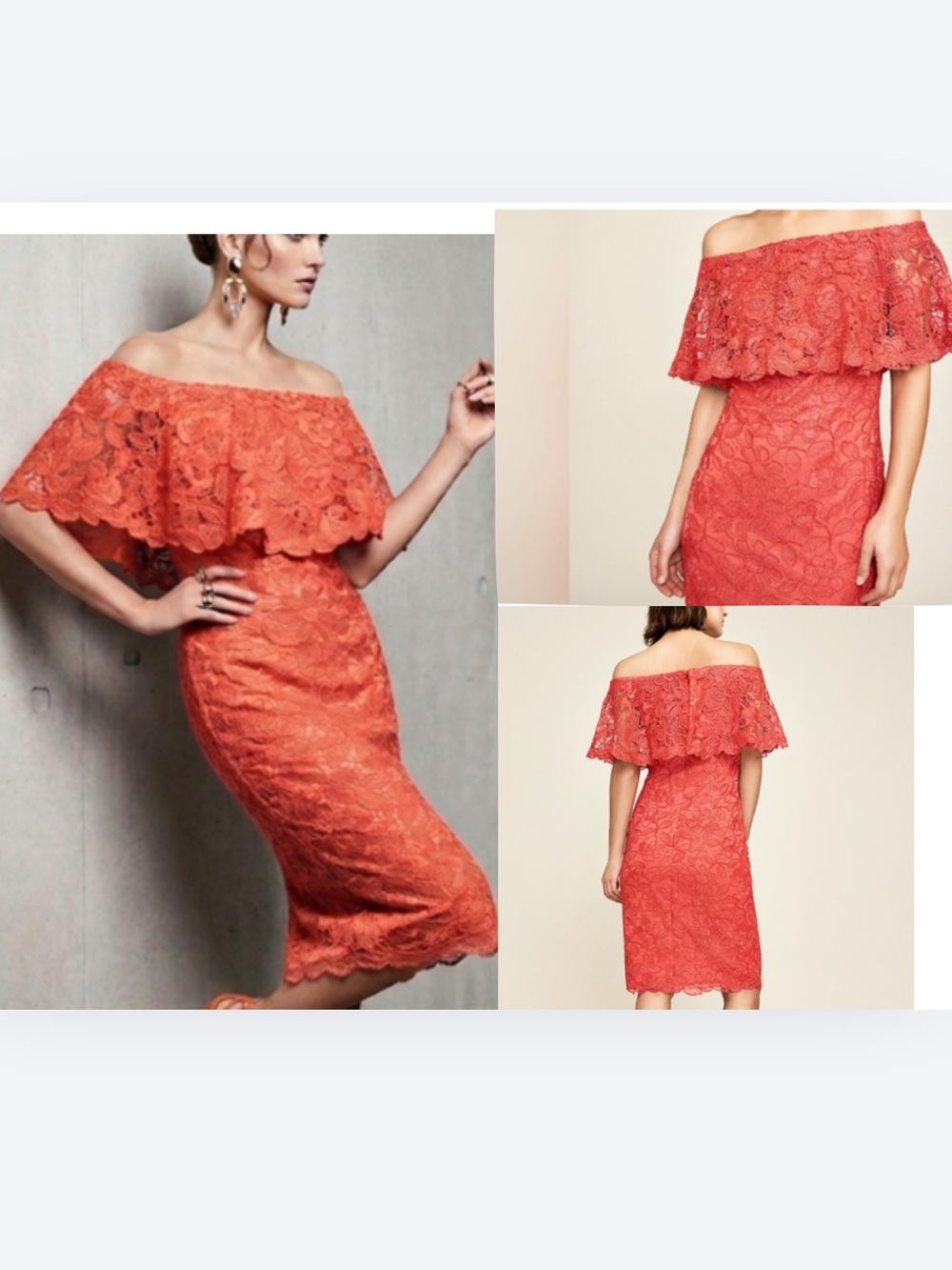 Tadashi Shoji Coral Alba Lace Flounce Off The Shoulder Dress.